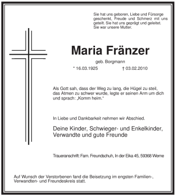 Traueranzeige von Maria Fränzer von WESTFÄLISCHER ANZEIGER