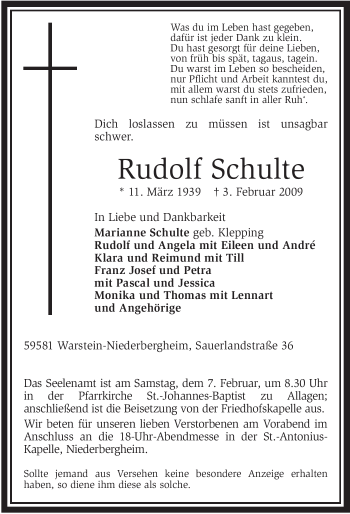 Traueranzeige von Rudolf Schulte von WESTFÄLISCHER ANZEIGER