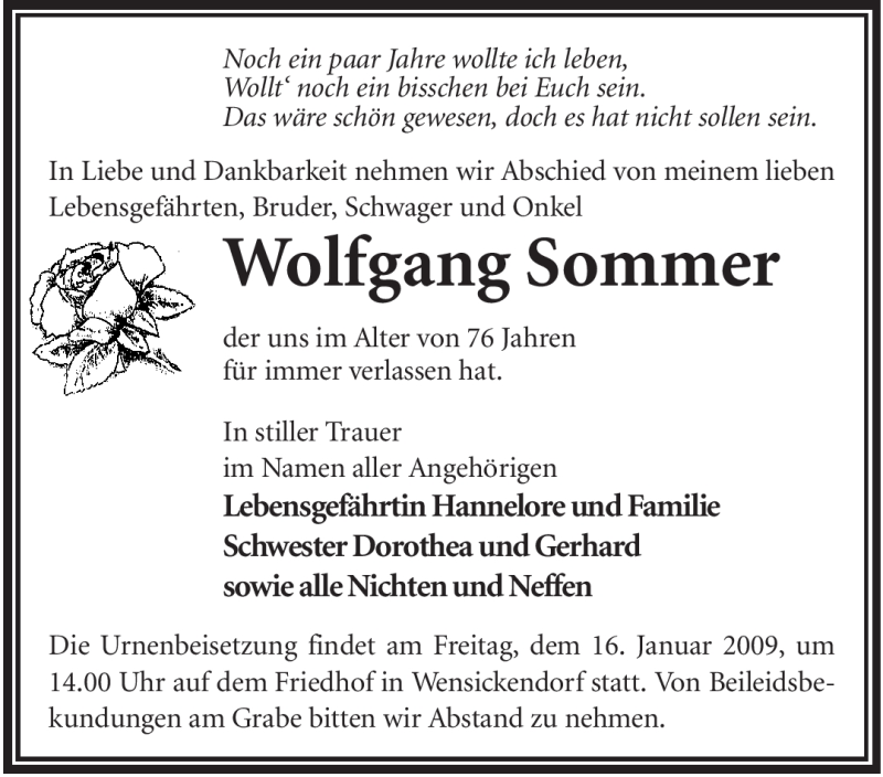  Traueranzeige für Wolfgang Sommer vom 10.01.2009 aus WESTFÄLISCHER ANZEIGER