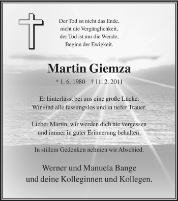 Traueranzeige von Martin Giemza von WESTFÄLISCHER ANZEIGER