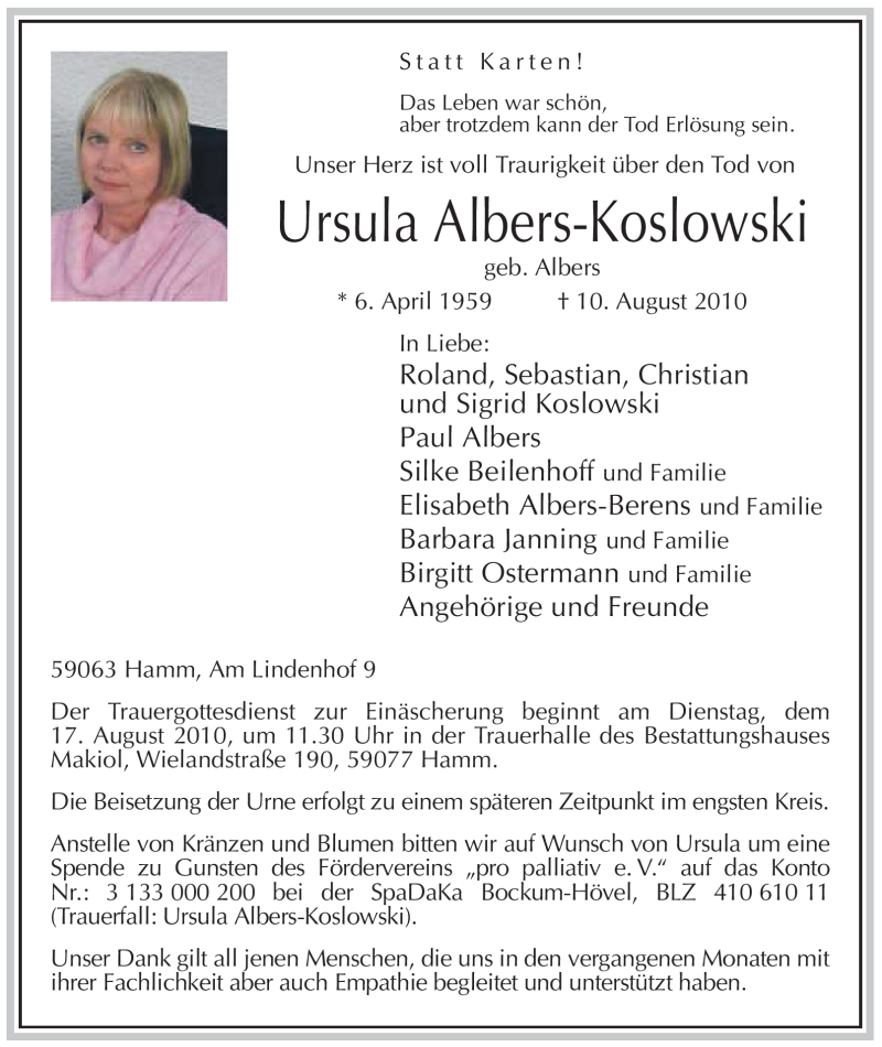  Traueranzeige für Ursula Albers-Koslowski vom 14.08.2010 aus WESTFÄLISCHER ANZEIGER