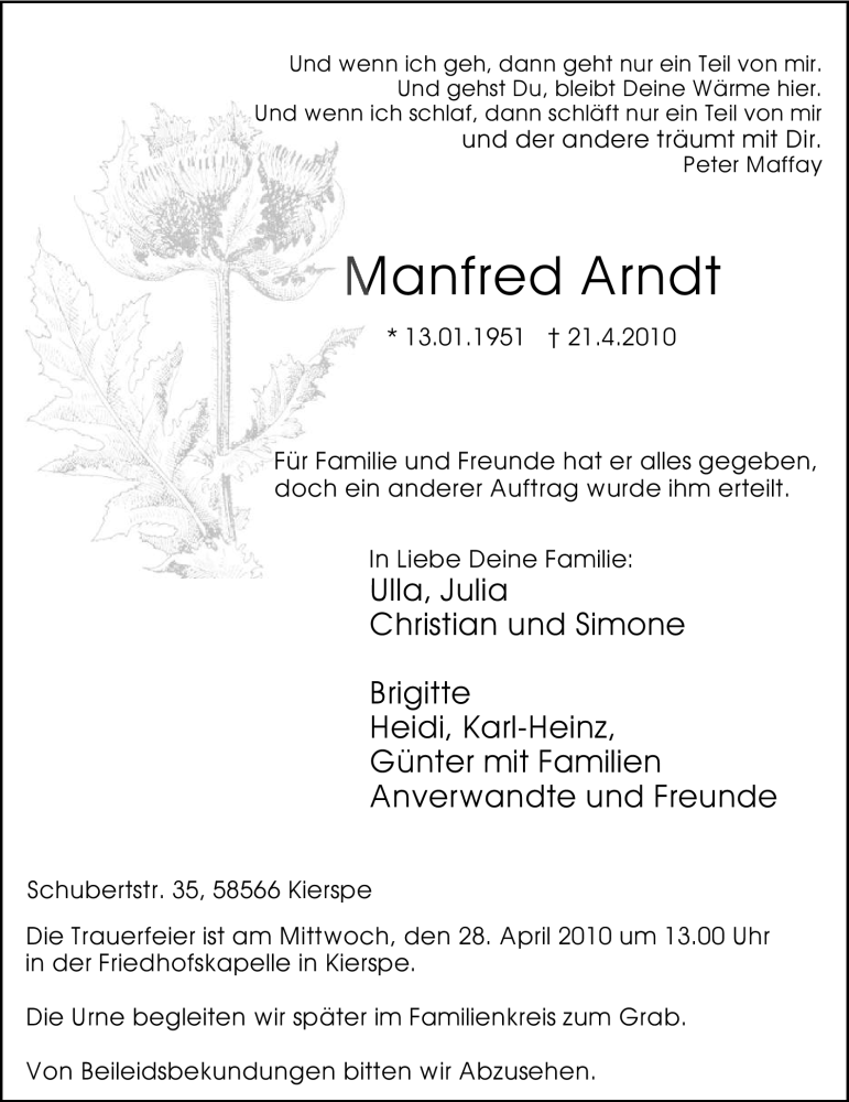  Traueranzeige für Manfred Arndt vom 26.04.2010 aus WESTFÄLISCHER ANZEIGER
