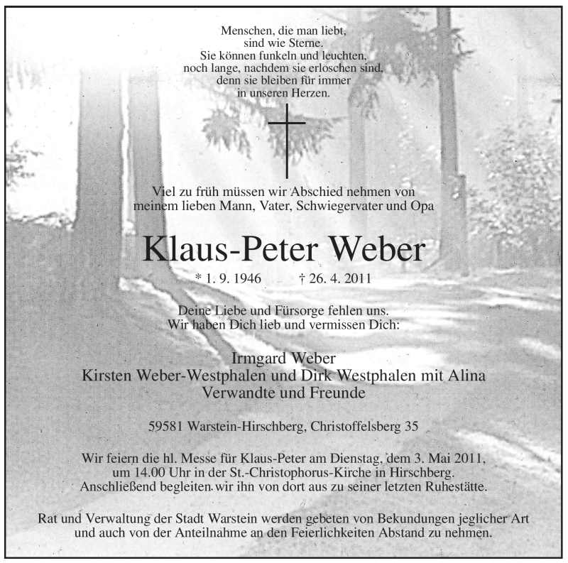  Traueranzeige für Klaus-Peter Weber vom 28.04.2011 aus WESTFÄLISCHER ANZEIGER