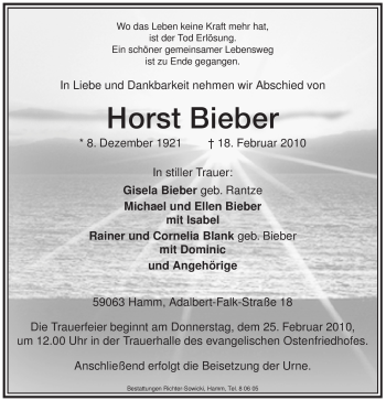 Traueranzeige von Horst Bieber von WESTFÄLISCHER ANZEIGER