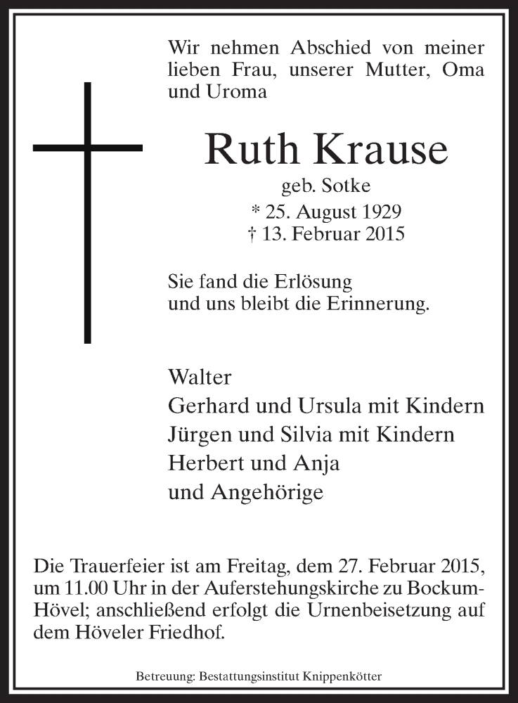  Traueranzeige für Ruth Krause vom 24.02.2015 aus MZV