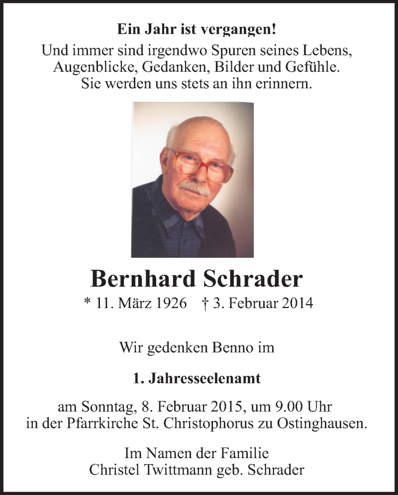  Traueranzeige für Bernhard Schrader vom 31.01.2015 aus MZV