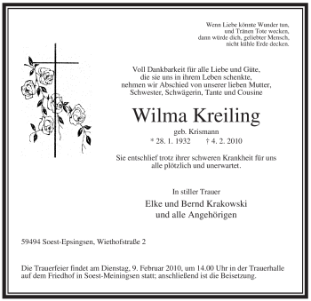 Traueranzeige von Wilma Kreiling von WESTFÄLISCHER ANZEIGER