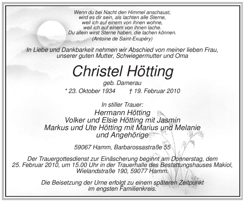  Traueranzeige für Christel Hötting vom 23.02.2010 aus WESTFÄLISCHER ANZEIGER
