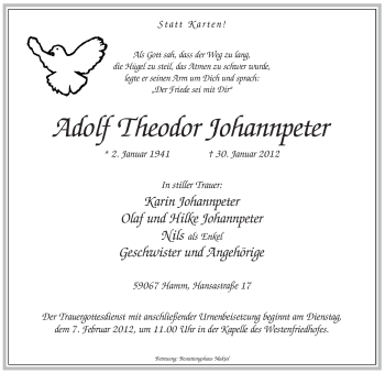 Traueranzeige von Adolf Theodor Johannpeter von WESTFÄLISCHER ANZEIGER