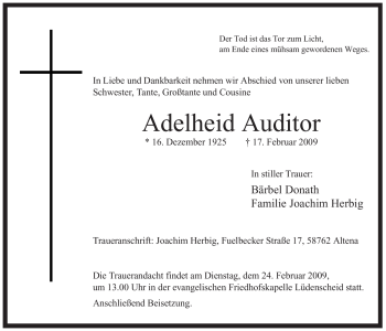 Traueranzeige von Adelheid Auditor von WESTFÄLISCHER ANZEIGER
