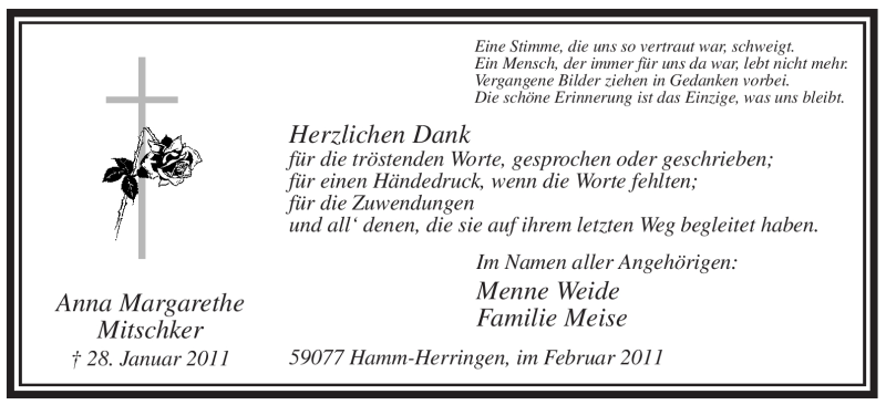  Traueranzeige für Anna Margarethe Mitschker vom 26.02.2011 aus WESTFÄLISCHER ANZEIGER