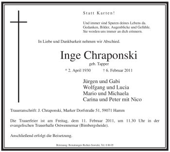 Traueranzeige von Inge Chraponski von WESTFÄLISCHER ANZEIGER