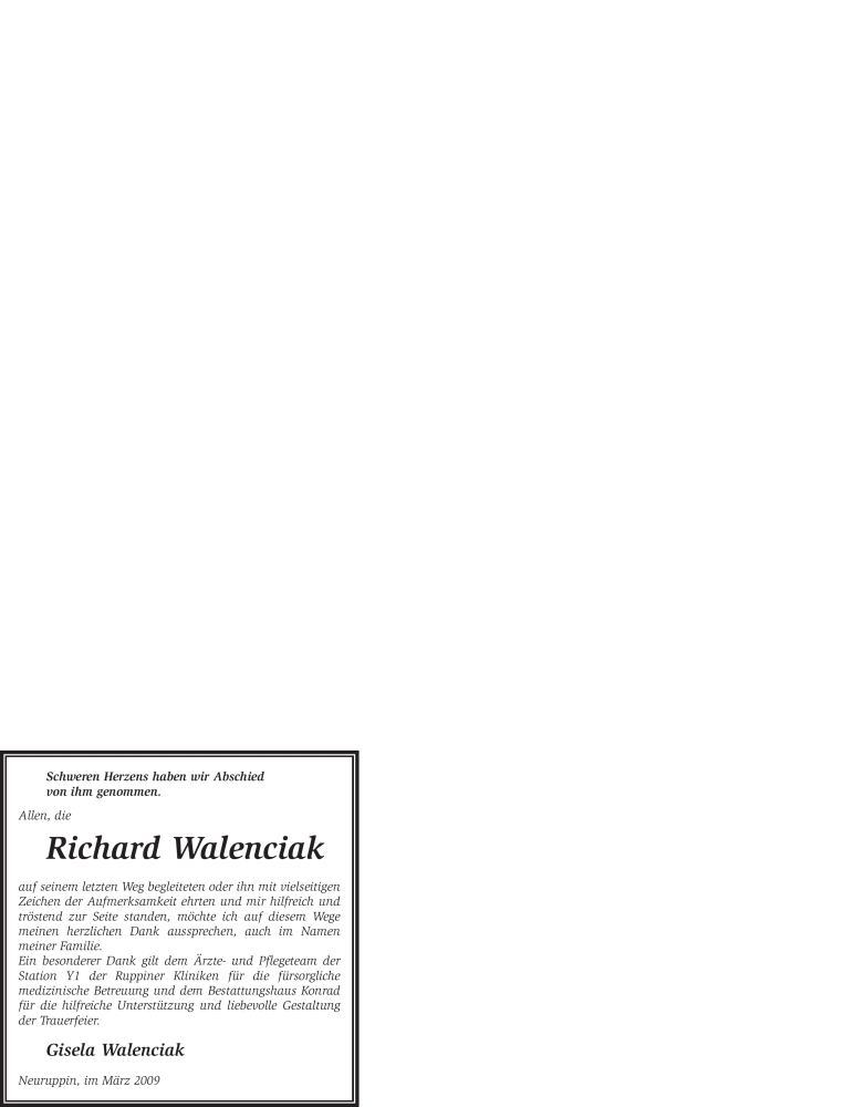  Traueranzeige für Richard Walenciak vom 21.03.2009 aus WESTFÄLISCHER ANZEIGER