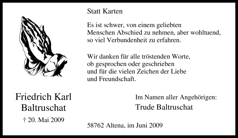  Traueranzeige für Friedrich Karl Baltruschat vom 20.06.2009 aus WESTFÄLISCHER ANZEIGER