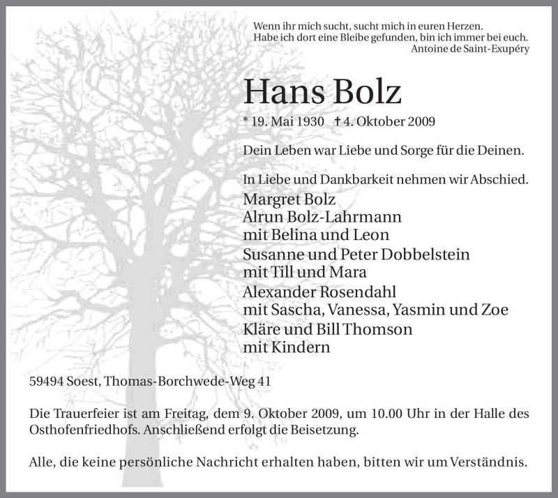  Traueranzeige für Hans Bolz vom 07.10.2009 aus WESTFÄLISCHER ANZEIGER