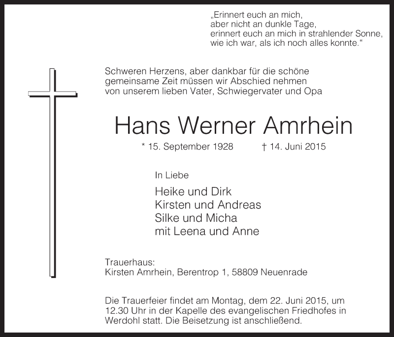  Traueranzeige für Hans Werner Amrhein vom 17.06.2015 aus MZV