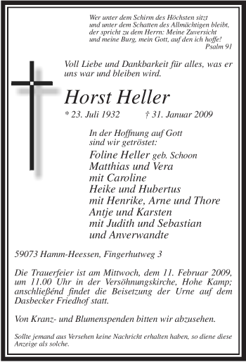 Traueranzeige von Horst Heller von WESTFÄLISCHER ANZEIGER