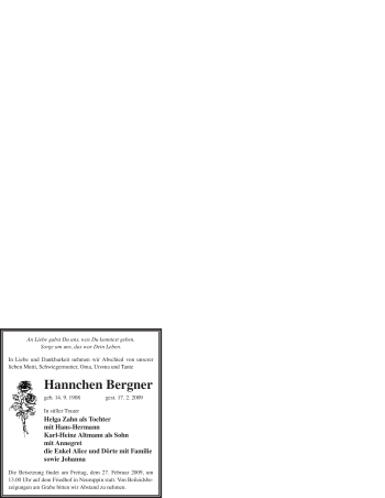 Traueranzeige von Hannchen Bergner von WESTFÄLISCHER ANZEIGER