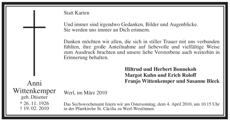  Traueranzeige für Anni Wittenkemper vom 20.03.2010 aus WESTFÄLISCHER ANZEIGER
