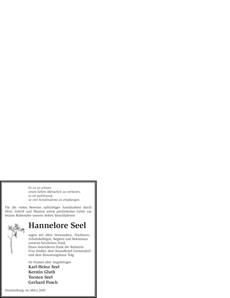  Traueranzeige für Hannelore Seel vom 13.03.2010 aus WESTFÄLISCHER ANZEIGER