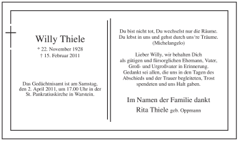 Traueranzeige von Willy Thiele von WESTFÄLISCHER ANZEIGER