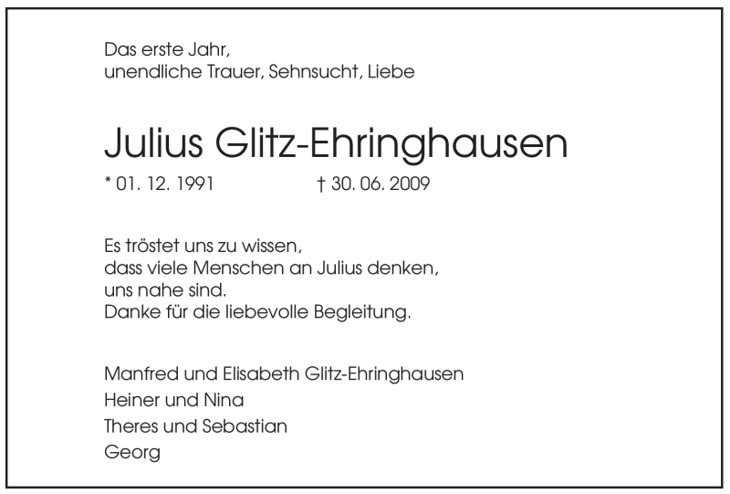  Traueranzeige für Julius Glitz-Ehringhausen vom 30.06.2010 aus WESTFÄLISCHER ANZEIGER