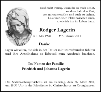 Traueranzeige von Rodger Lagerin von WESTFÄLISCHER ANZEIGER