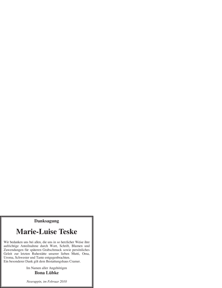  Traueranzeige für Marie-Luise Teske vom 20.02.2010 aus WESTFÄLISCHER ANZEIGER