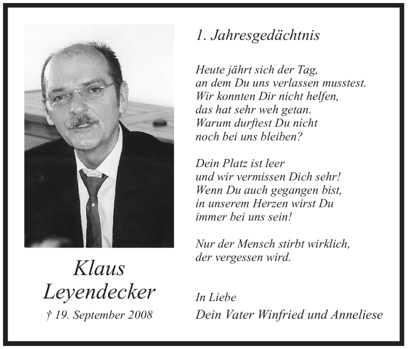  Traueranzeige für Klaus Leyendecker vom 19.09.2009 aus WESTFÄLISCHER ANZEIGER