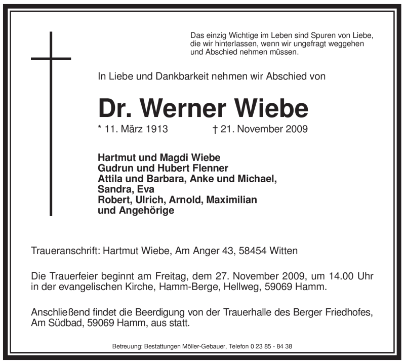  Traueranzeige für Werner Wiebe vom 24.11.2009 aus WESTFÄLISCHER ANZEIGER