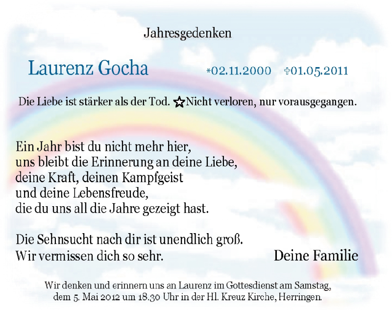  Traueranzeige für Laurenz Gocha vom 30.04.2012 aus WESTFÄLISCHER ANZEIGER