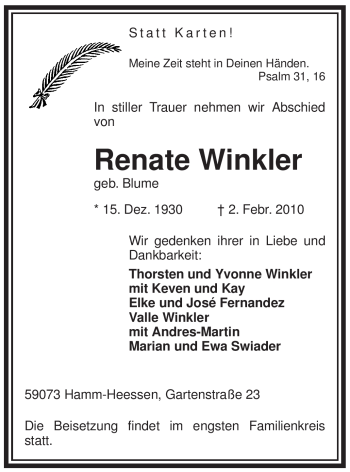 Traueranzeige von Renate Winkler von WESTFÄLISCHER ANZEIGER