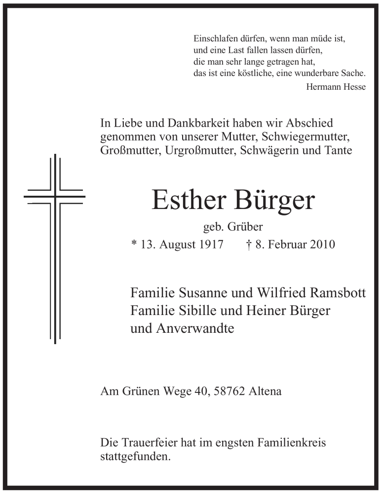  Traueranzeige für Esther Bürger vom 13.02.2010 aus WESTFÄLISCHER ANZEIGER