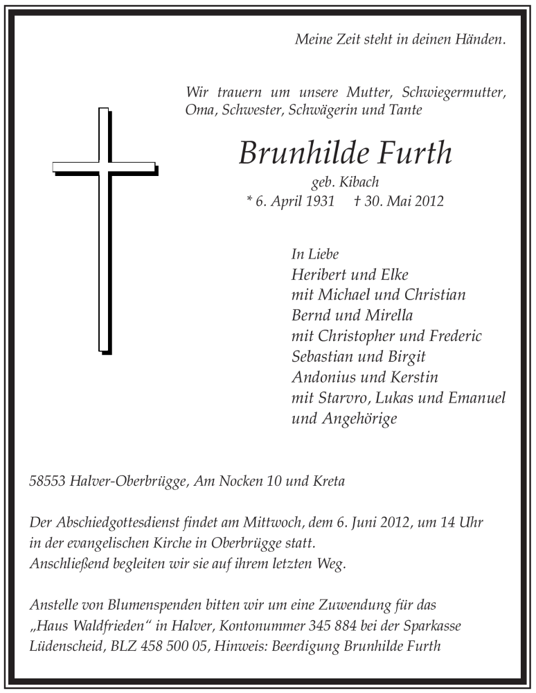  Traueranzeige für Brunhilde Furth vom 02.06.2012 aus WESTFÄLISCHER ANZEIGER