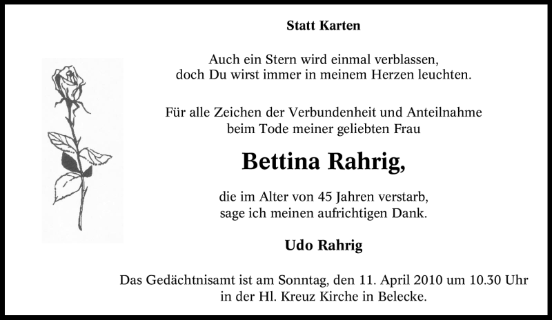  Traueranzeige für Bettina Rahrig vom 10.04.2010 aus WESTFÄLISCHER ANZEIGER