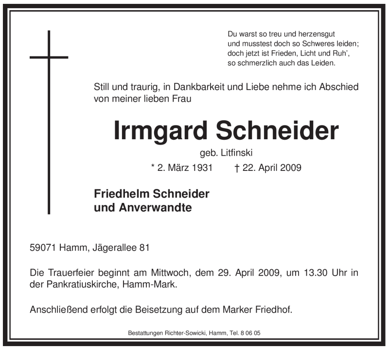  Traueranzeige für Irmgard Schneider vom 25.04.2009 aus WESTFÄLISCHER ANZEIGER
