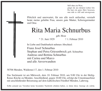 Traueranzeige von Rita Maria Schnurbus von WESTFÄLISCHER ANZEIGER