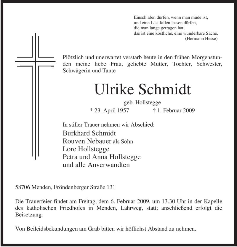  Traueranzeige für Ulrike Schmidt vom 03.02.2009 aus WESTFÄLISCHER ANZEIGER