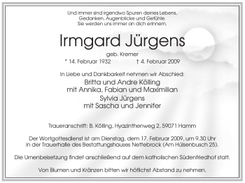 Traueranzeige von Irmgard Jürgens von WESTFÄLISCHER ANZEIGER