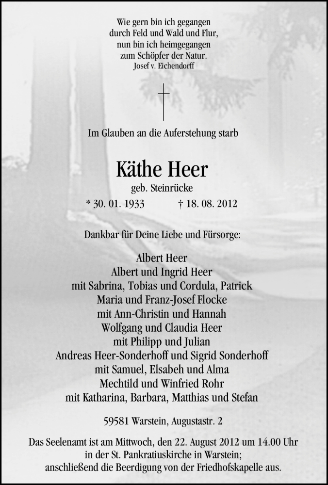  Traueranzeige für Käthe Heer vom 20.08.2012 aus WESTFÄLISCHER ANZEIGER