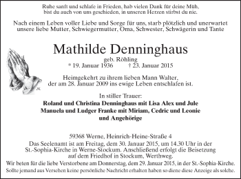 Traueranzeige von Mathilde Denninghaus von MZV