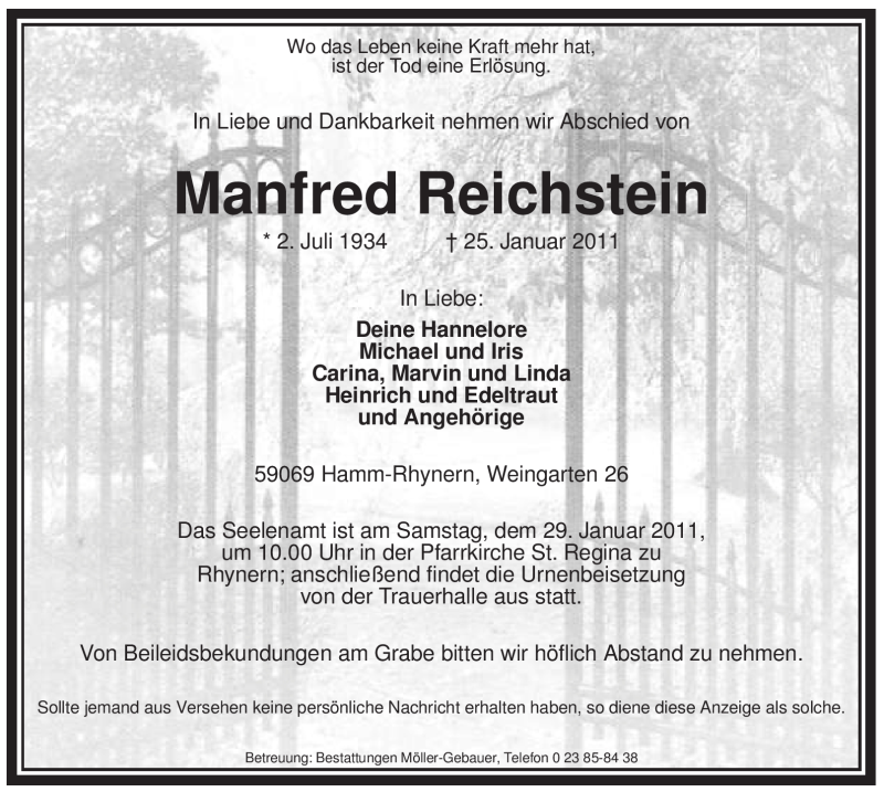  Traueranzeige für Manfred Reichstein vom 27.01.2011 aus WESTFÄLISCHER ANZEIGER