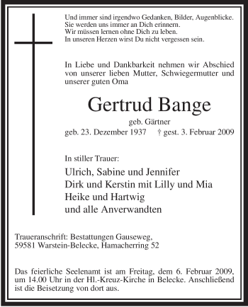 Traueranzeige von Gertrud Bange von WESTFÄLISCHER ANZEIGER