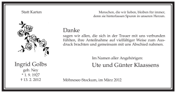 Traueranzeige von Ingrid Golbs von WESTFÄLISCHER ANZEIGER