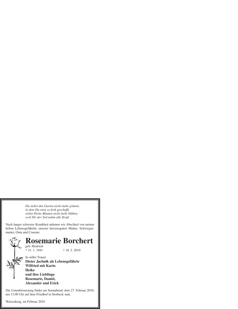  Traueranzeige für Rosemarie Borchert vom 20.02.2010 aus WESTFÄLISCHER ANZEIGER