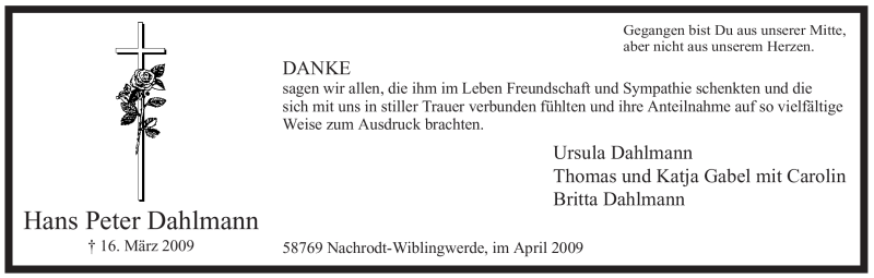  Traueranzeige für Hans Peter Dahlmann vom 22.04.2009 aus WESTFÄLISCHER ANZEIGER