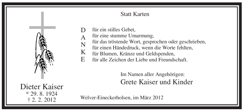  Traueranzeige für Dieter Kaiser vom 09.03.2012 aus WESTFÄLISCHER ANZEIGER
