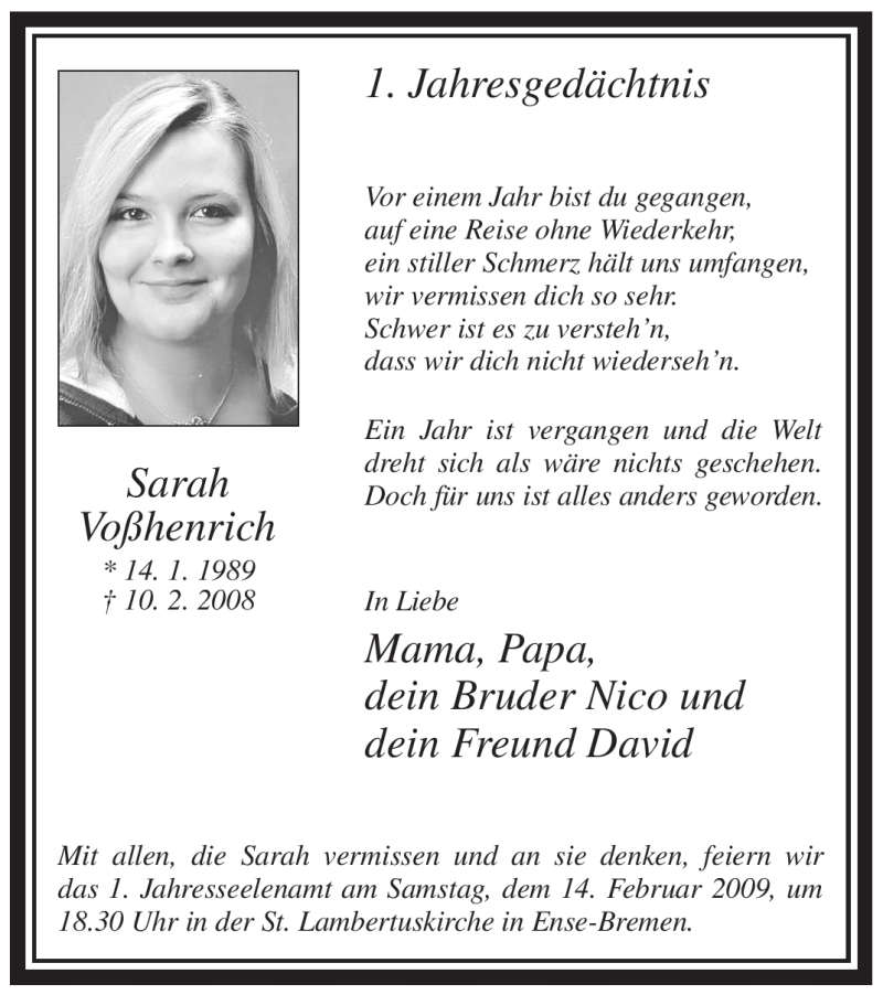  Traueranzeige für Sarah Voßhenrich vom 10.02.2009 aus WESTFÄLISCHER ANZEIGER