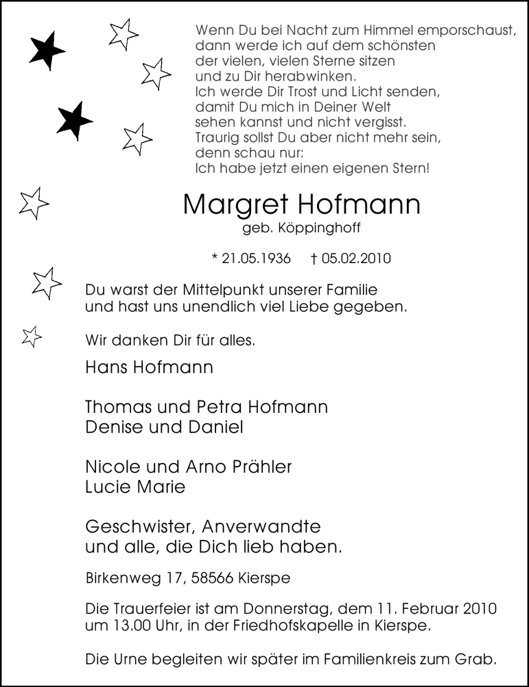  Traueranzeige für Margret Hofmann vom 08.02.2010 aus WESTFÄLISCHER ANZEIGER