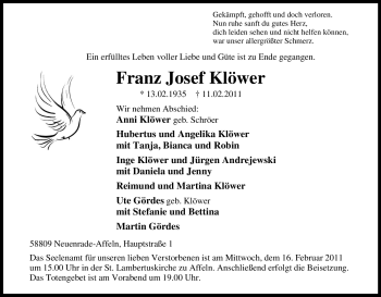 Traueranzeige von Franz Josef Klöwer von WESTFÄLISCHER ANZEIGER